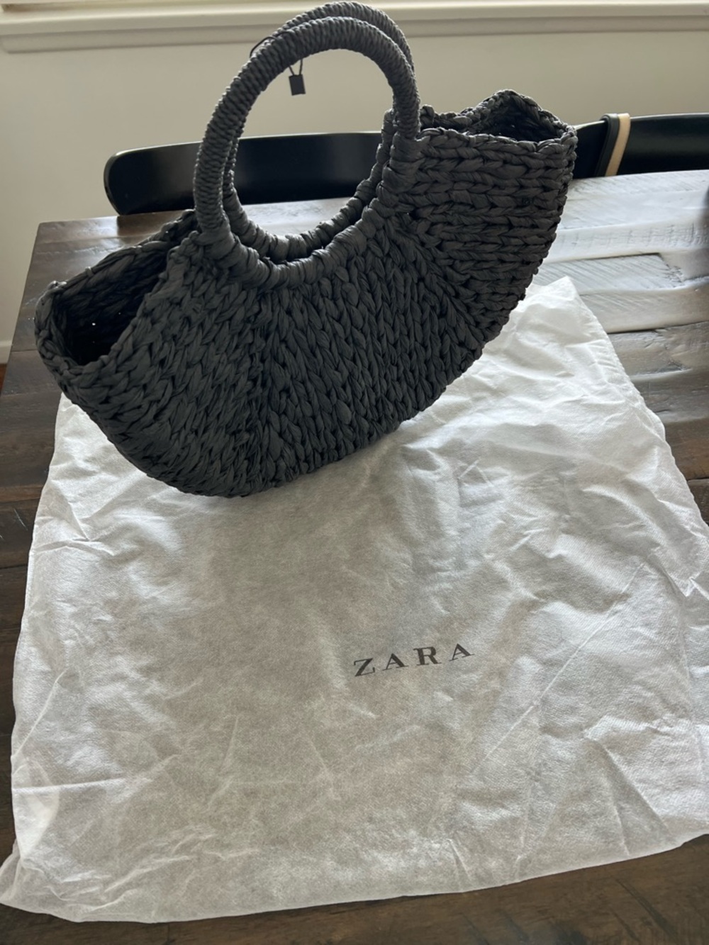Zara Black Woven Crescent Tote with Round Handles